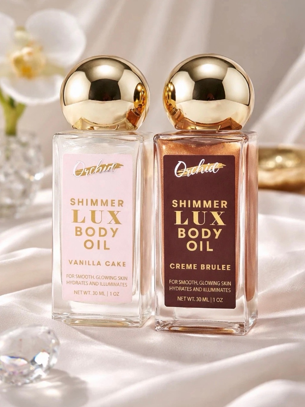 Orchid Shimmer Lux Body Oil Duo - Creme Brulee & Vanilla Cake